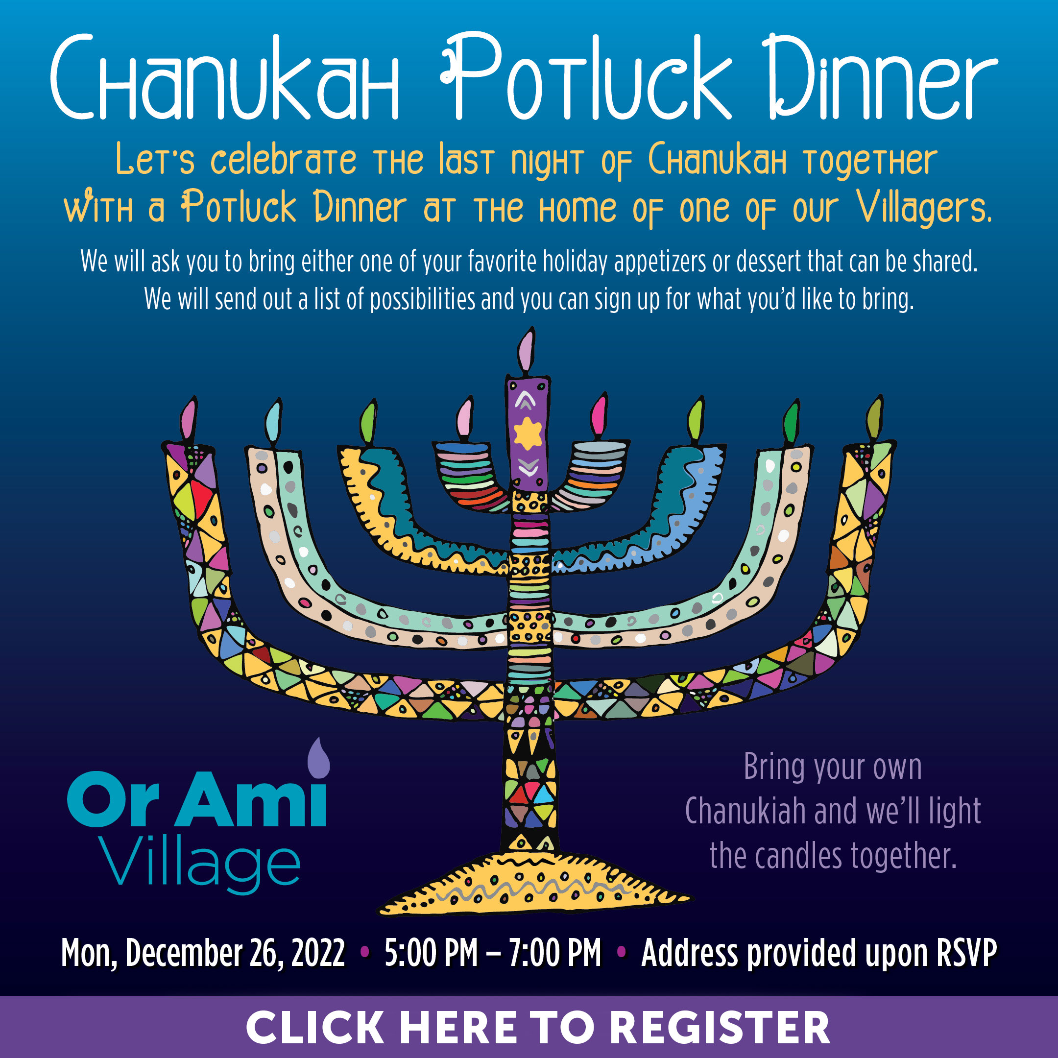 Or Ami Village Chanukah Potluck Dinner Graphic with CLICK
