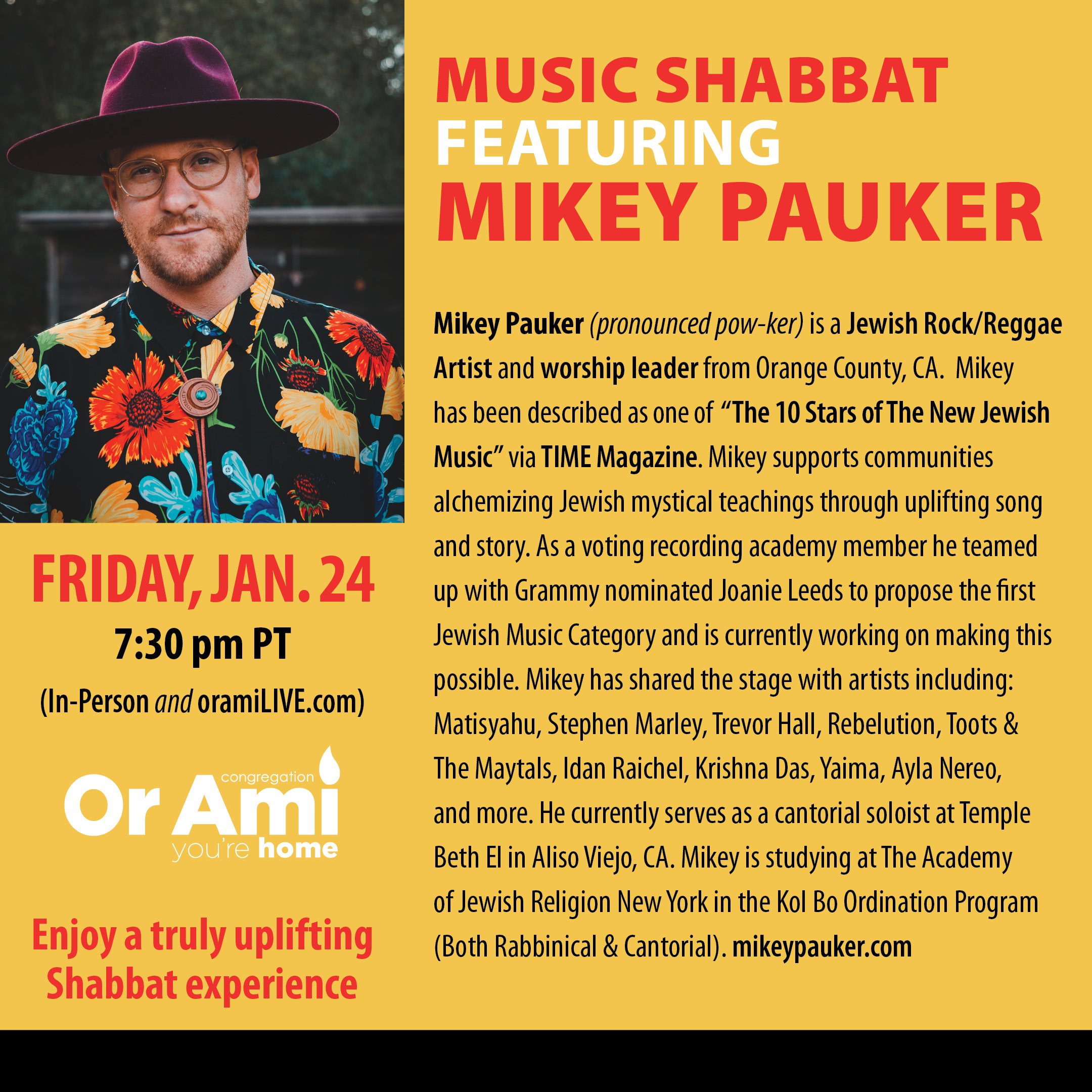 *1Or Ami Music Shabbat featuring Mikey Pauker